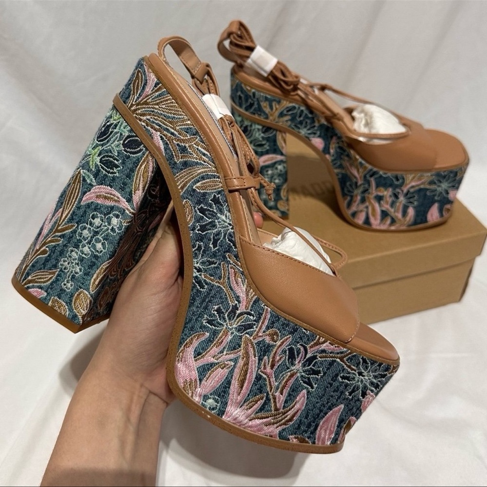Steve Madden Anika Tan Leather Chunky Embroidered Platform Lace Up Heels Summer - Picture 7 of 12